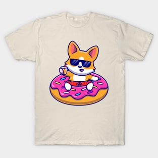 Cute Corgi Dog Floating With Doughnut Swimming Tires Cartoon T-Shirt